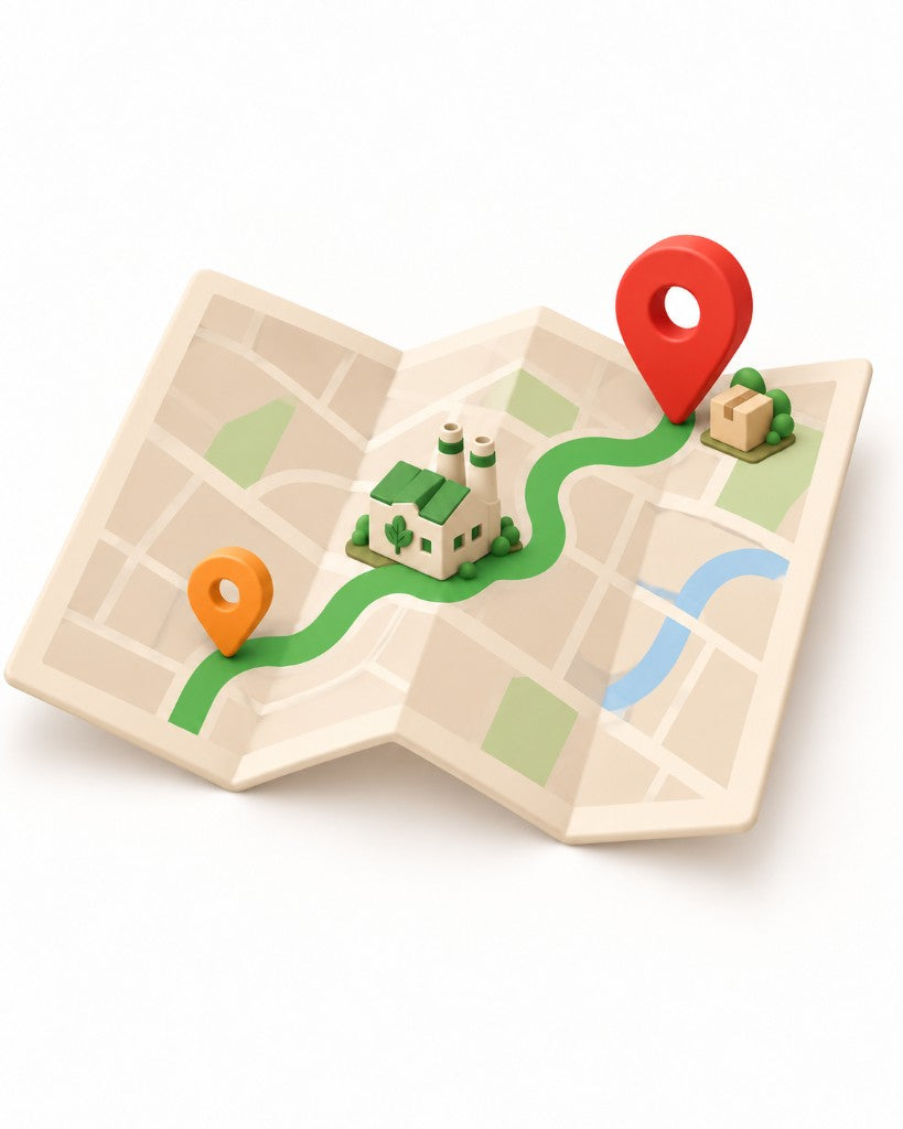 Carte illustrée reliant un atelier de fabrication à un point de livraison