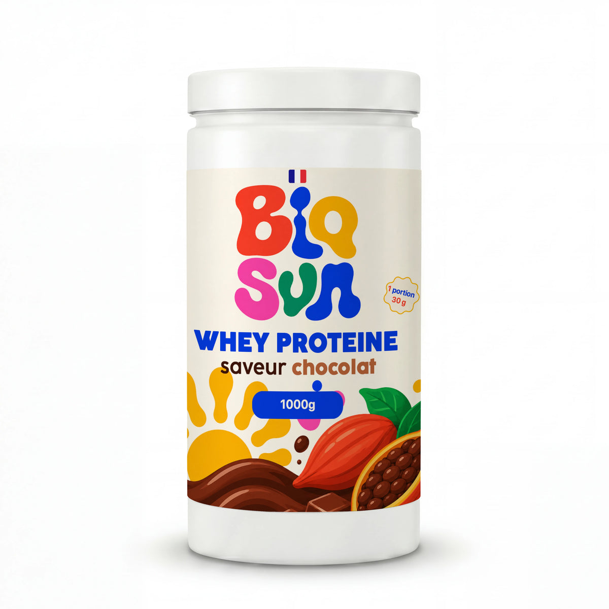 Pot de whey protéine BioSun saveur chocolat, format 1 kg, vue de face
