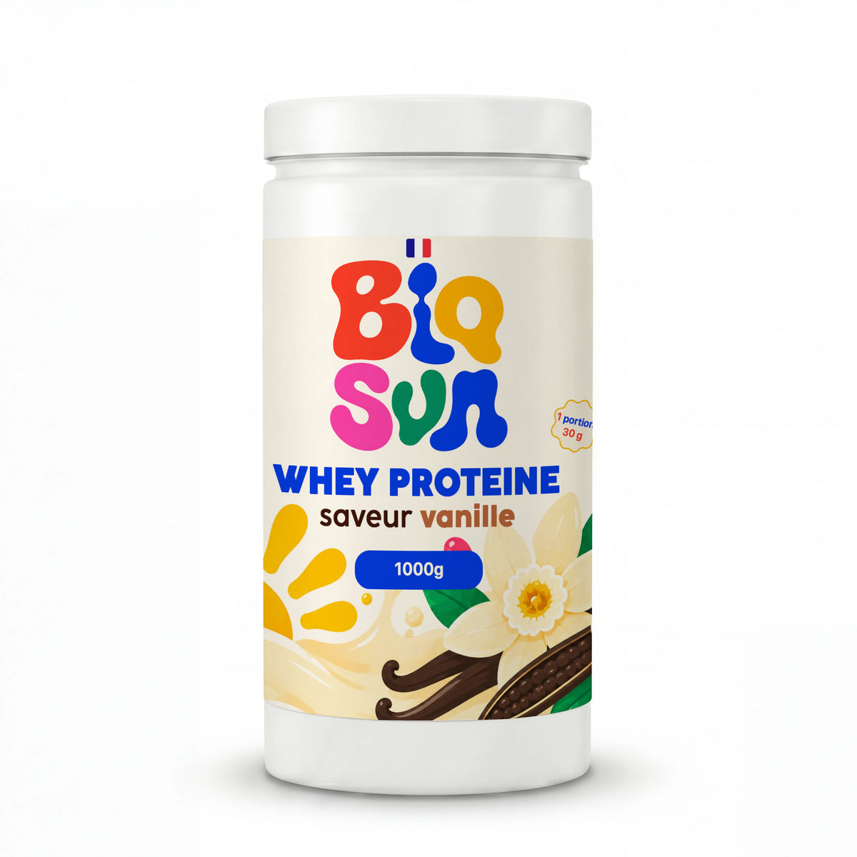 Pot de whey protéine BioSun saveur vanille, format 1 kg, vue de face