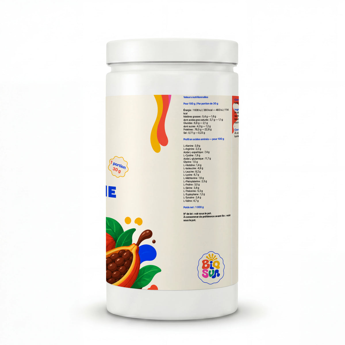 Whey BioSun chocolat 1 kg : valeurs nutritionnelles et profil en acides aminés