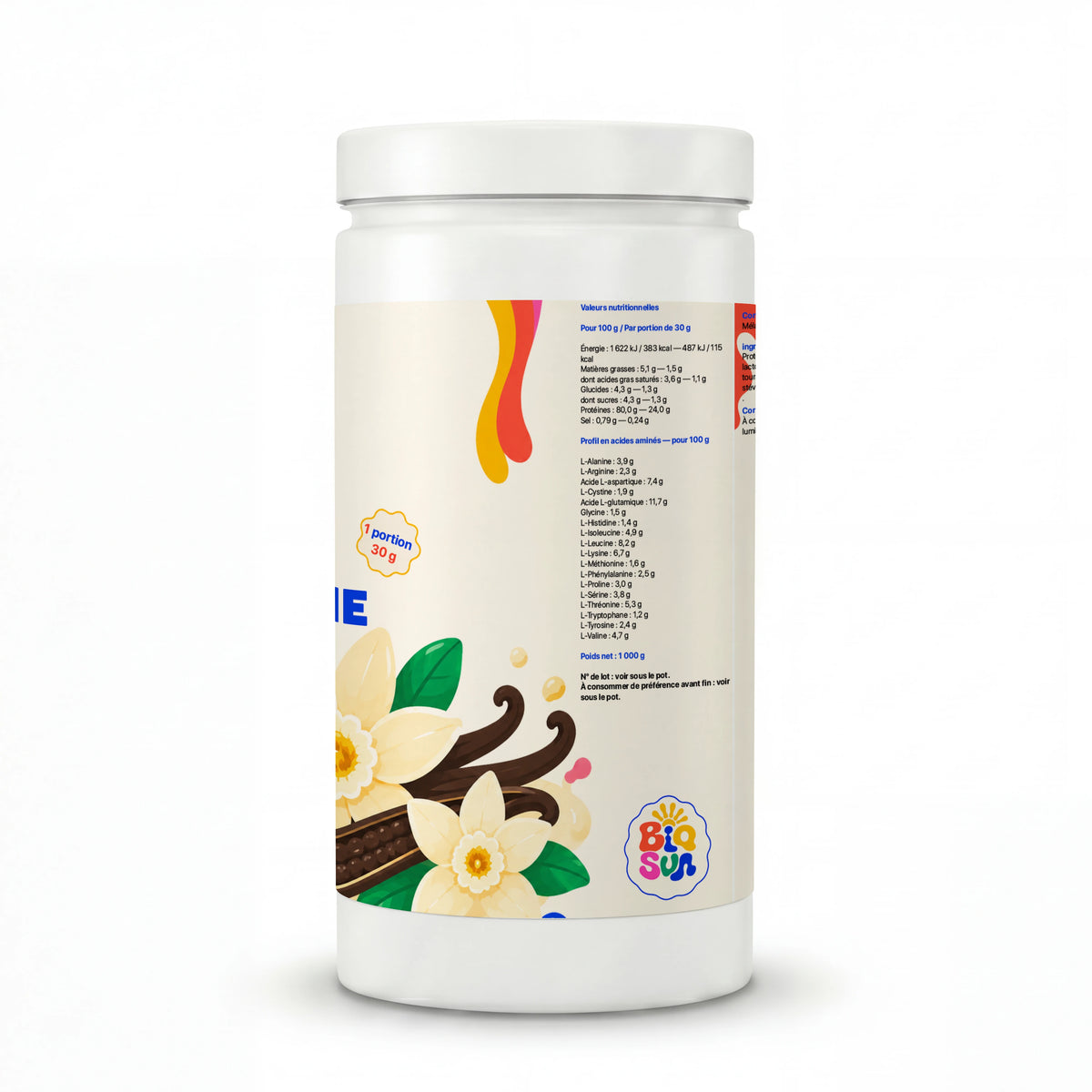 Whey BioSun vanille 1 kg : valeurs nutritionnelles et profil en acides aminés